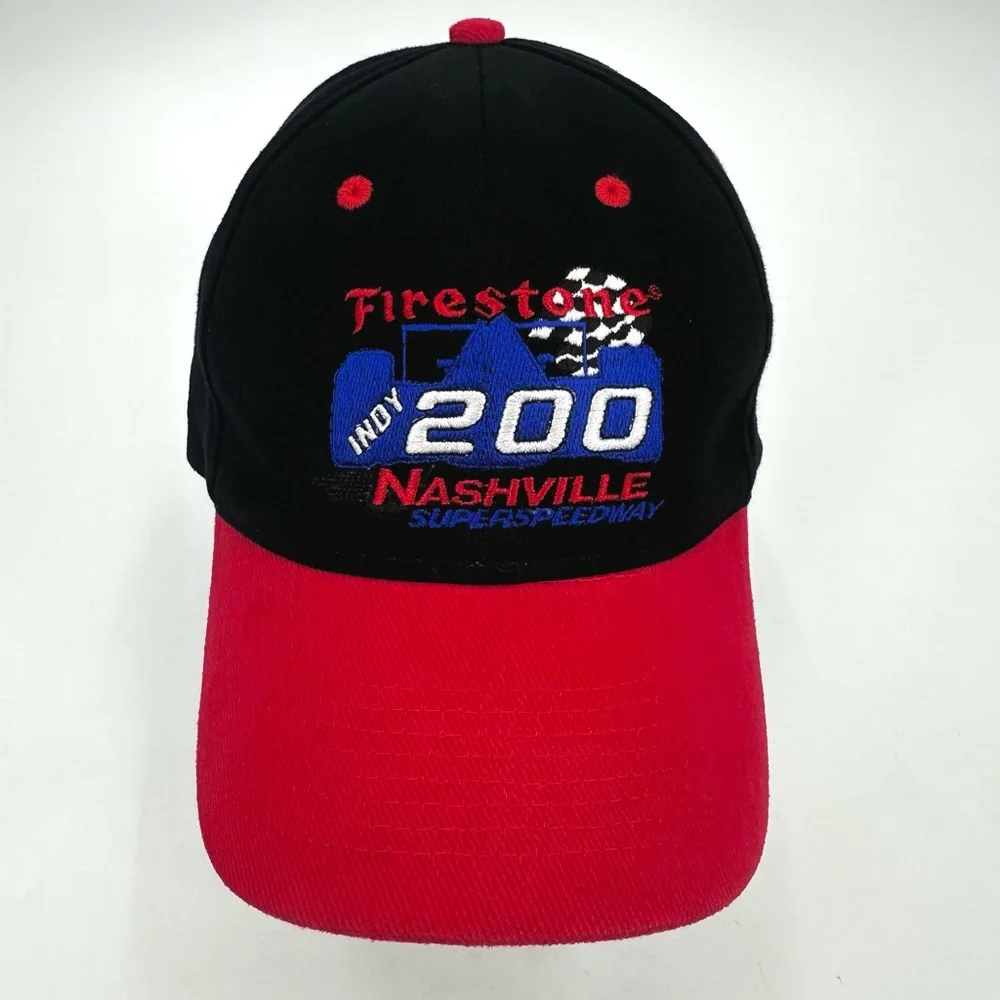 Firestone Indy 200 Nashville Superspeedway Hat Black Red Adjust Strap OS Racing